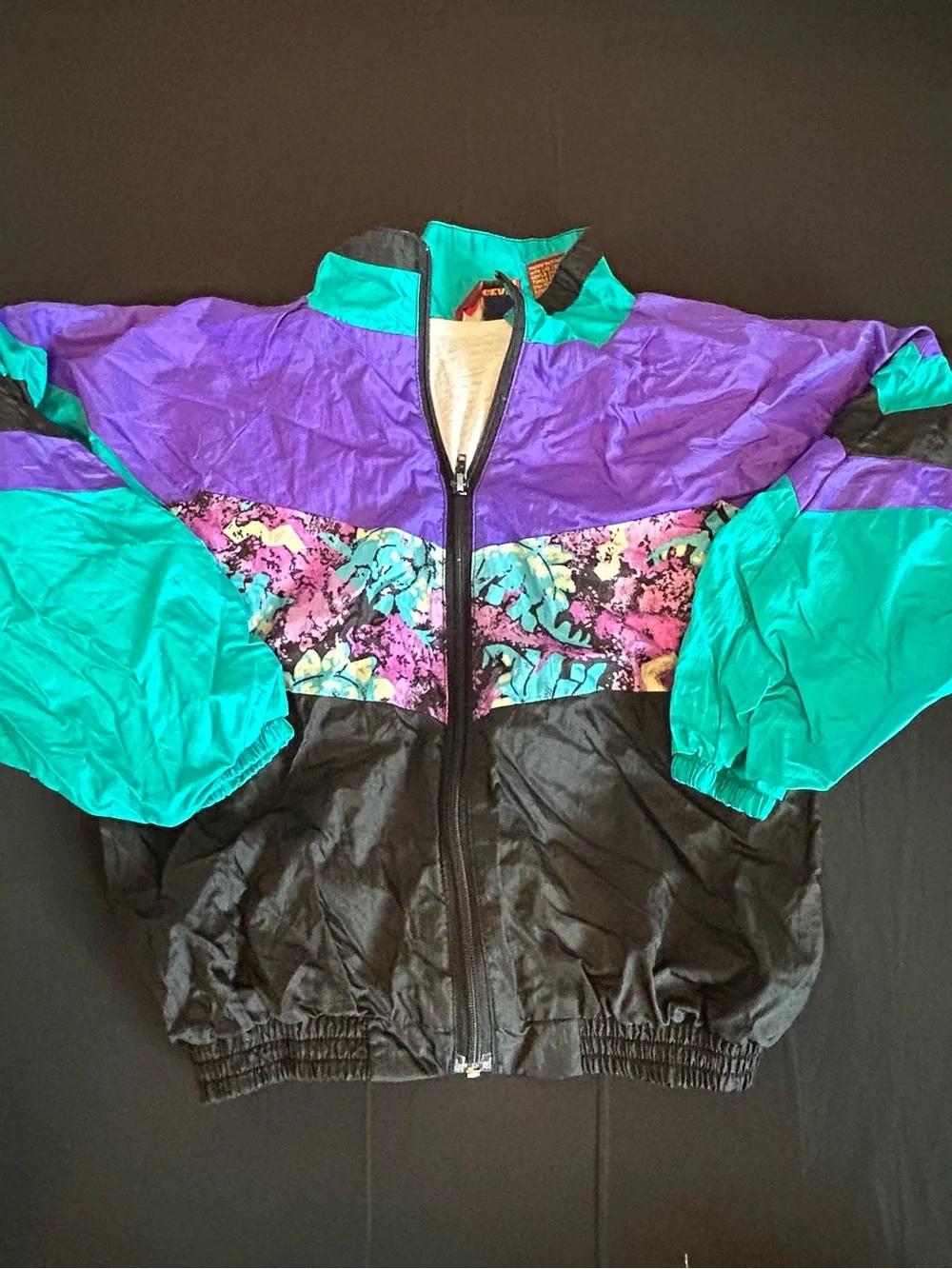 90s Colorblock Kids Windbreaker Purple Teal Dinosaur Print